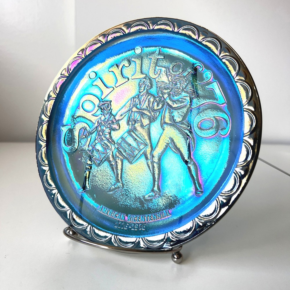 Vintage Blue Carnival Glass Spirit of '76 American Bicentennial Plate 1976